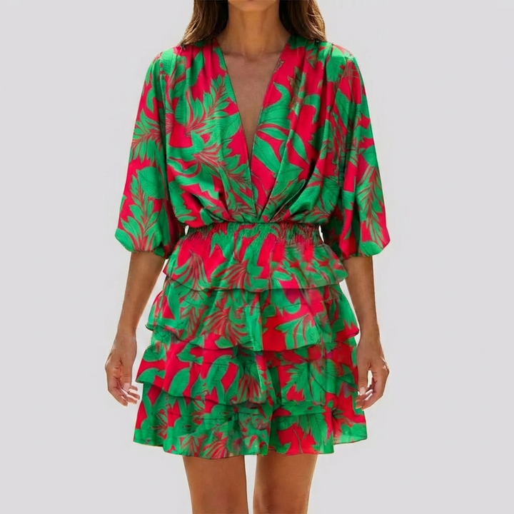 Vestido Mini con Cuello en V y Estampado Geométrico para Mujeres