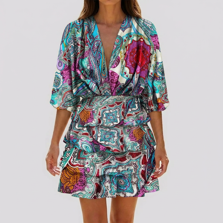 Vestido Mini con Cuello en V y Estampado Geométrico para Mujeres