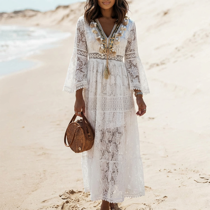 Vestido Maxi Bohemio con Encaje y Mangas Acampanadas para Mujeres