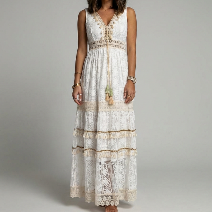 Vestido Maxi Bohemio con Encaje y Mangas Acampanadas para Mujeres