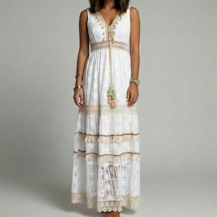 Vestido Maxi Bohemio con Encaje y Mangas Acampanadas para Mujeres