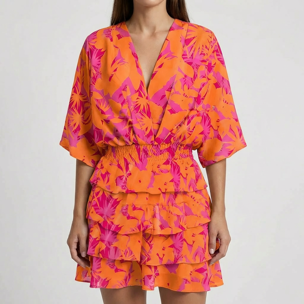 Vestido Mini Manga Batwing Cuello en V Profundo