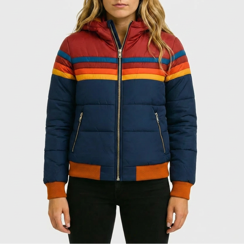 Chaqueta Puffer a Rayas Retro con Capucha para Mujeres