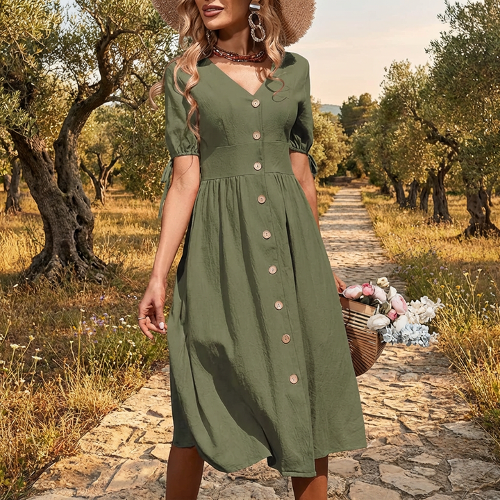 Vestido de Algodón Primavera/Verano con Cuello en V y Elegancia Sin Esfuerzo