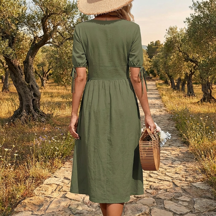 Vestido de Algodón Primavera/Verano con Cuello en V y Elegancia Sin Esfuerzo