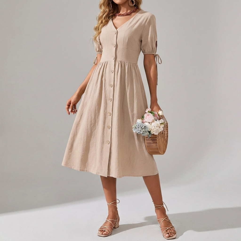 Vestido de Algodón Primavera/Verano con Cuello en V y Elegancia Sin Esfuerzo
