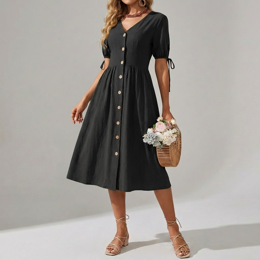 Vestido de Algodón Primavera/Verano con Cuello en V y Elegancia Sin Esfuerzo