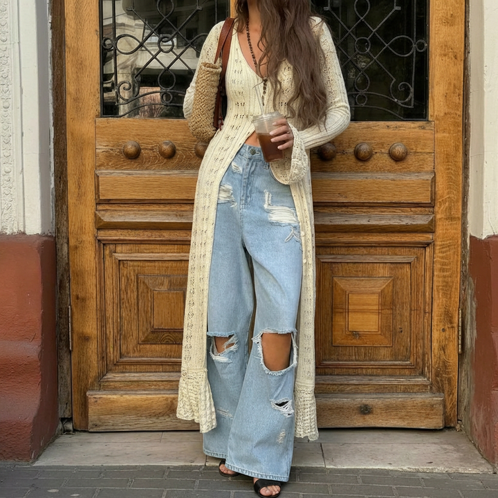 Cardigan Largo de Punto con Manga Acampanada Hueca para Mujeres