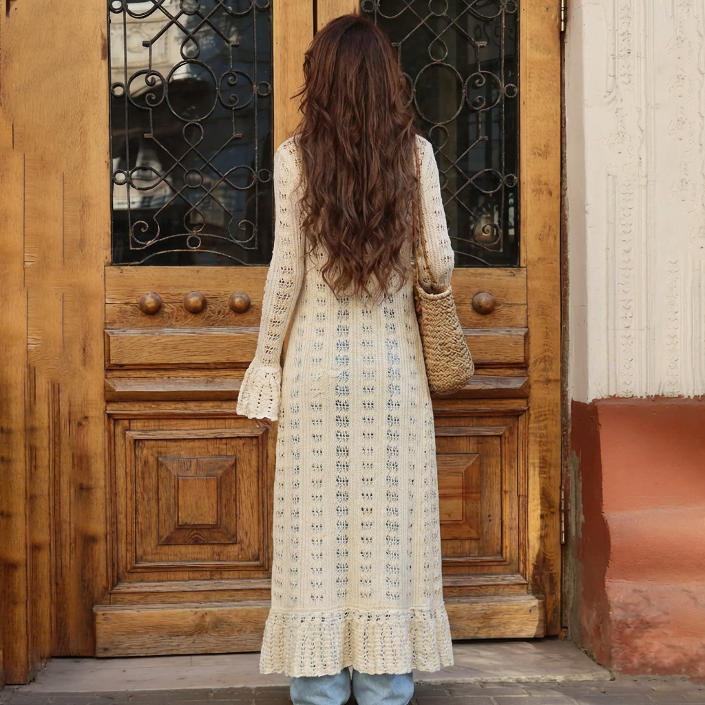 Cardigan Largo de Punto con Manga Acampanada Hueca para Mujeres