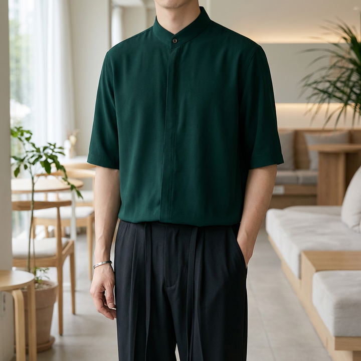 Camisa de Cuello Mandarina de Manga Larga para Hombres