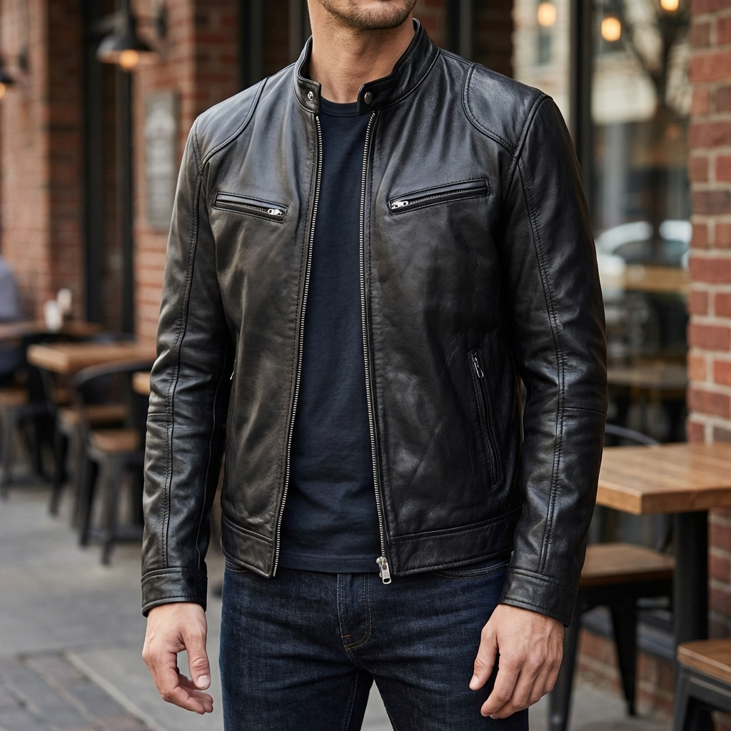 Chaqueta de Cuero Rugoso para Motociclistas Hombres