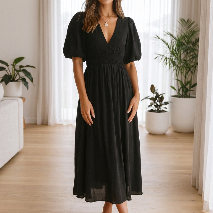 Vestido Midi con Cuello en V para Mujeres con Cintura Elástica
