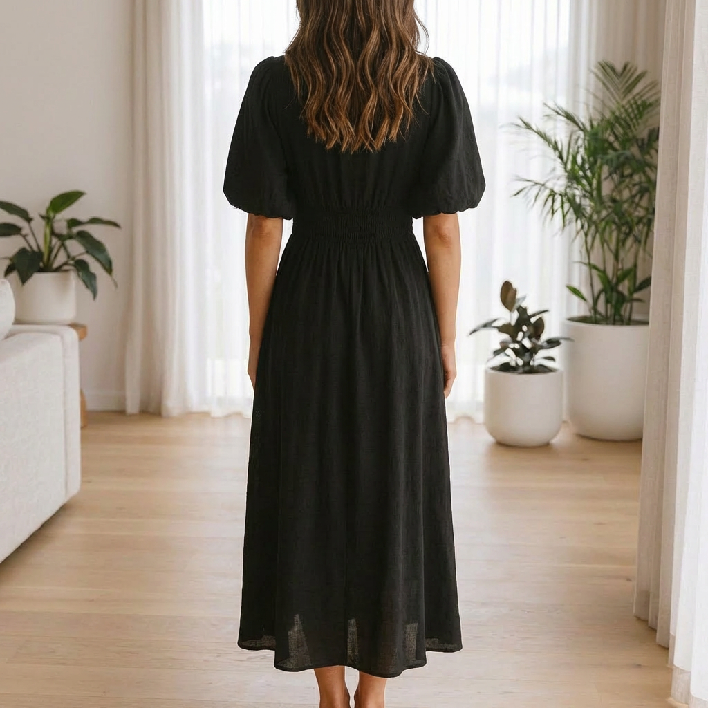 Vestido Midi con Cuello en V para Mujeres con Cintura Elástica