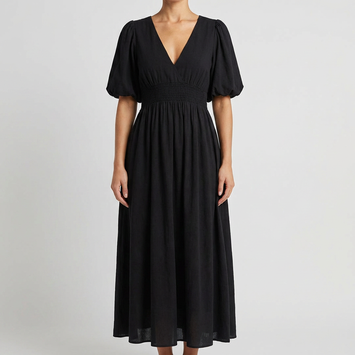 Vestido Midi con Cuello en V para Mujeres con Cintura Elástica