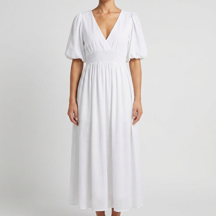 Vestido Midi con Cuello en V para Mujeres con Cintura Elástica