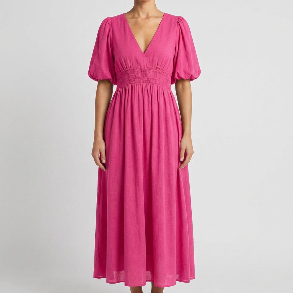 Vestido Midi con Cuello en V para Mujeres con Cintura Elástica