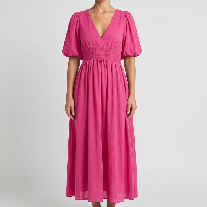 Vestido Midi con Cuello en V para Mujeres con Cintura Elástica