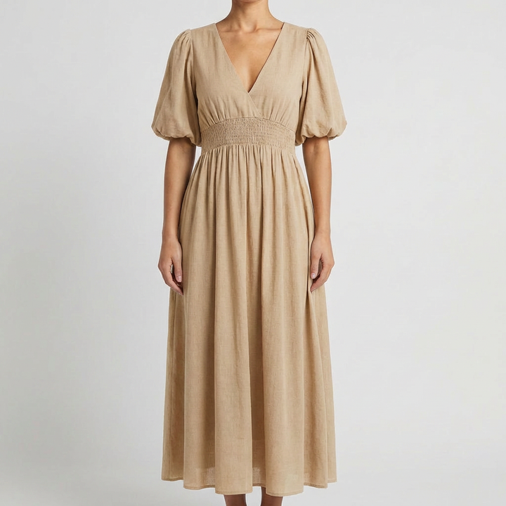 Vestido Midi con Cuello en V para Mujeres con Cintura Elástica