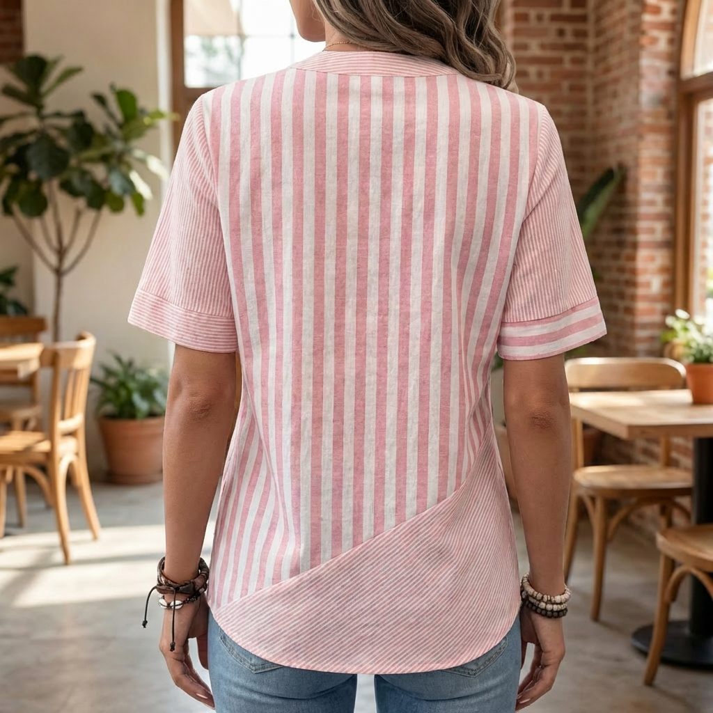 Blusa Ligera a Rayas para Mujeres con Cuello Mandarín