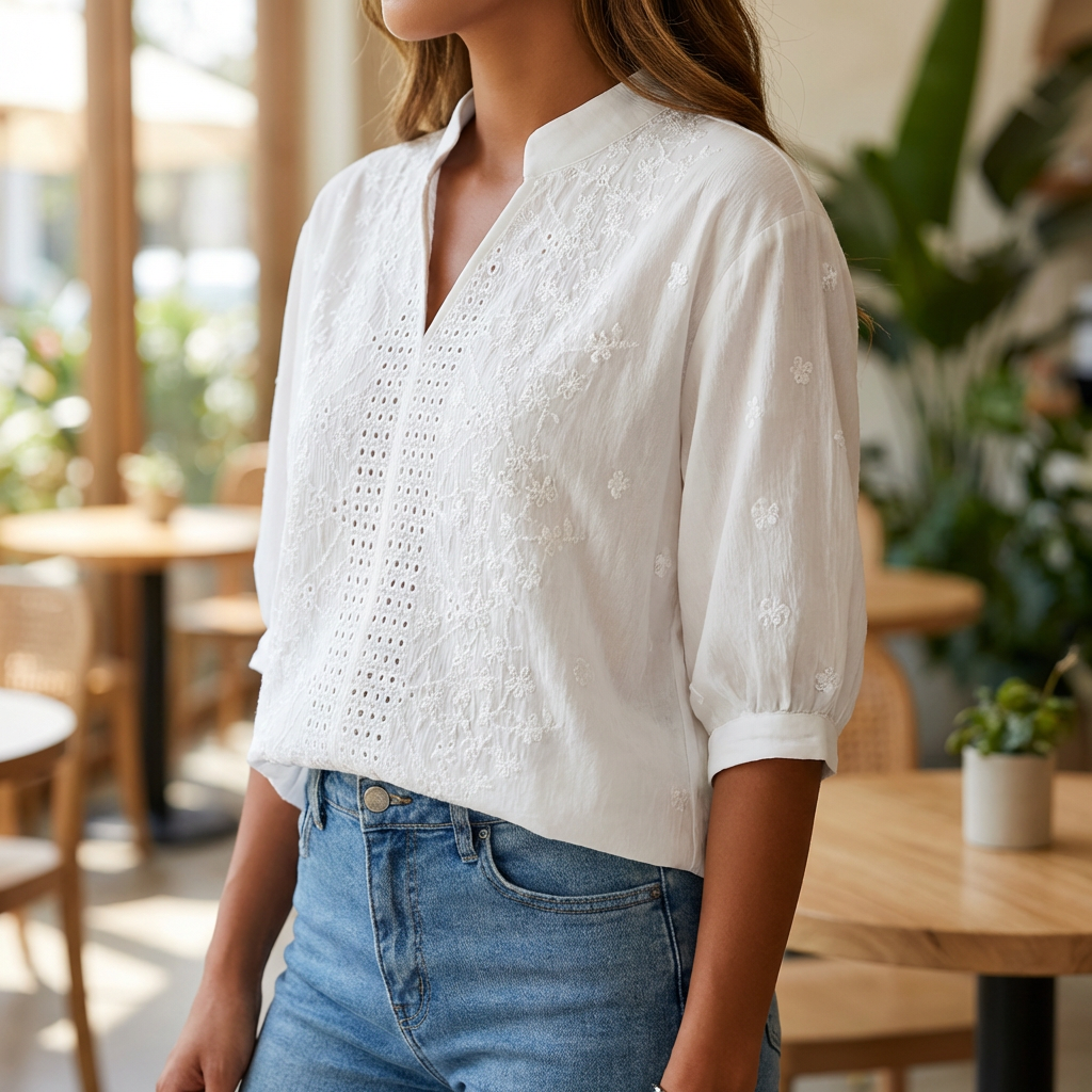 Blusa de encaje blanca con cuello en V para mujeres