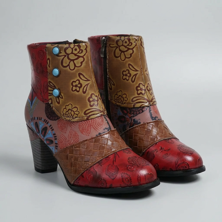 Botín de Tacón Bajo con Estampado Patchwork