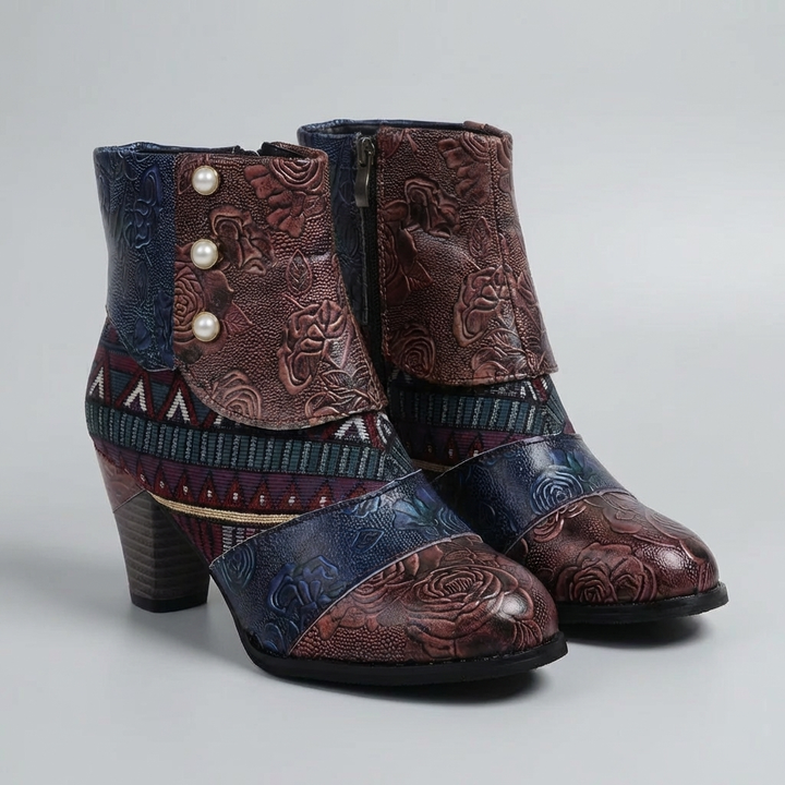 Botín de Tacón Bajo con Estampado Patchwork