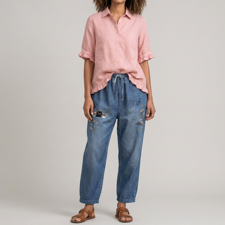 Blusa de Algodón con Botones y Bajo Volante