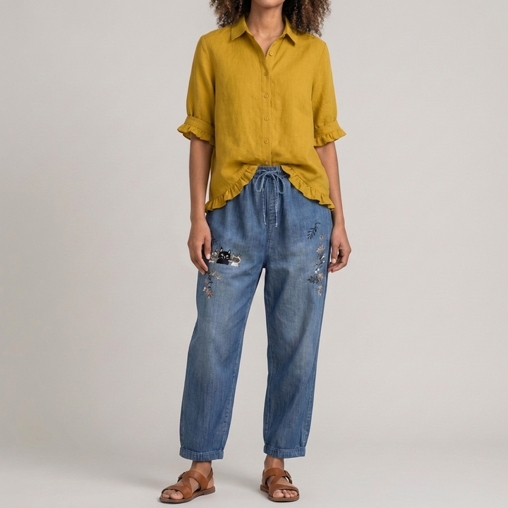 Blusa de Algodón con Botones y Bajo Volante