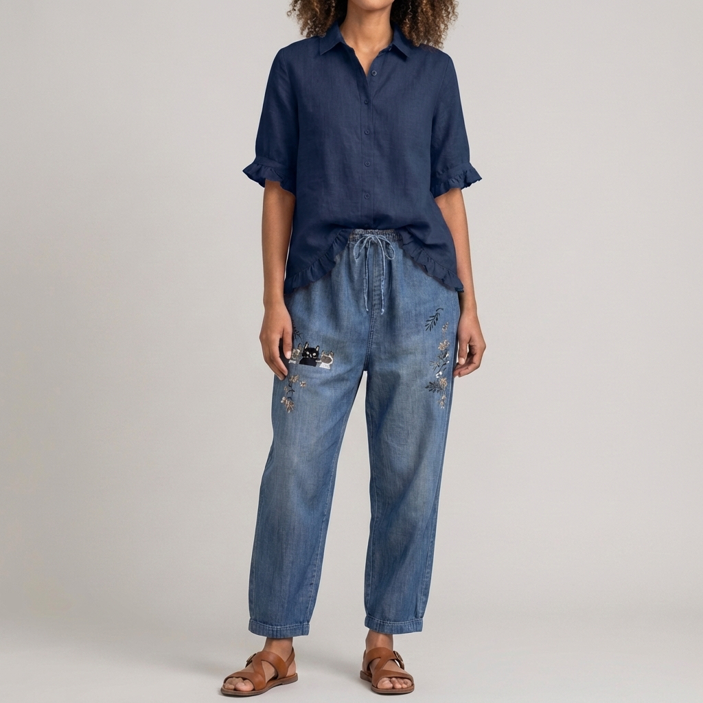 Blusa de Algodón con Botones y Bajo Volante