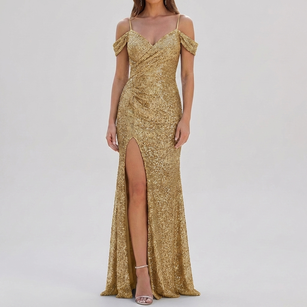 Vestido Maxi Elegante con Lentejuelas Sin Hombros