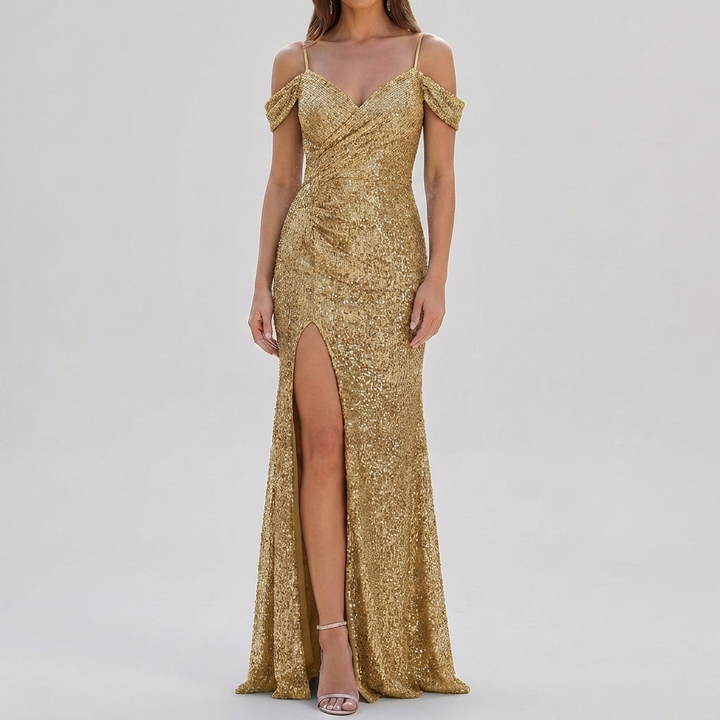 Vestido Maxi Elegante con Lentejuelas Sin Hombros