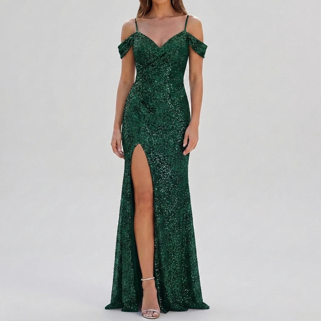 Vestido Maxi Elegante con Lentejuelas Sin Hombros