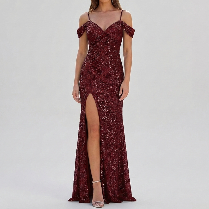 Vestido Maxi Elegante con Lentejuelas Sin Hombros