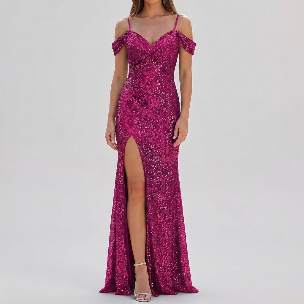 Vestido Maxi Elegante con Lentejuelas Sin Hombros