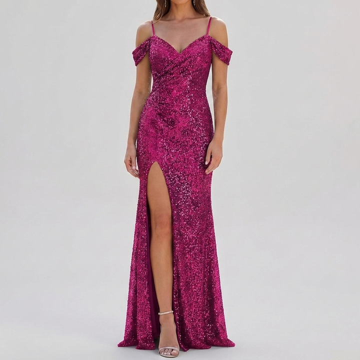Vestido Maxi Elegante con Lentejuelas Sin Hombros