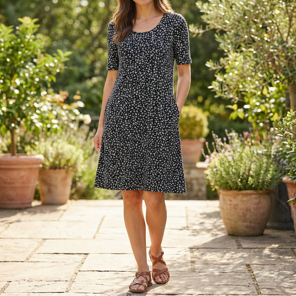 Vestido Midi Floral de Cintura Alta con Bolsillos