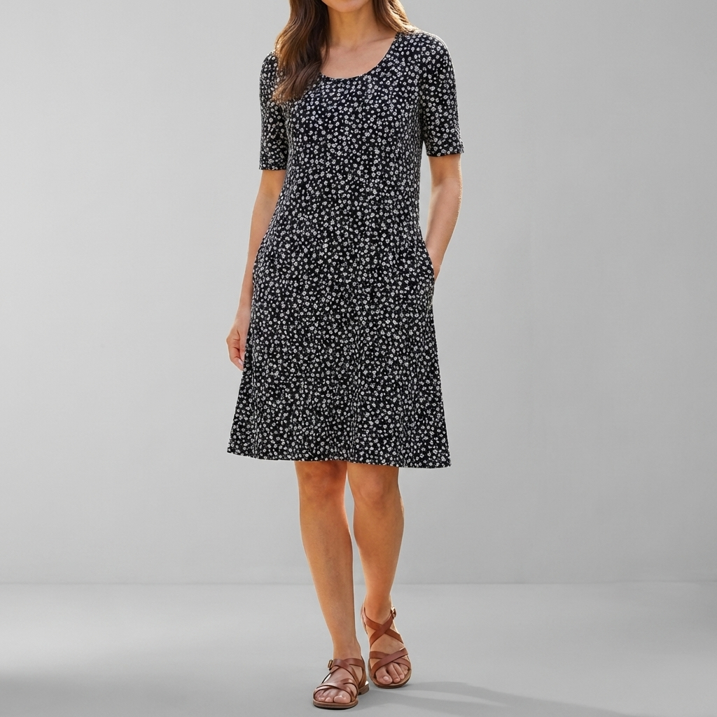Vestido Midi Floral de Cintura Alta con Bolsillos