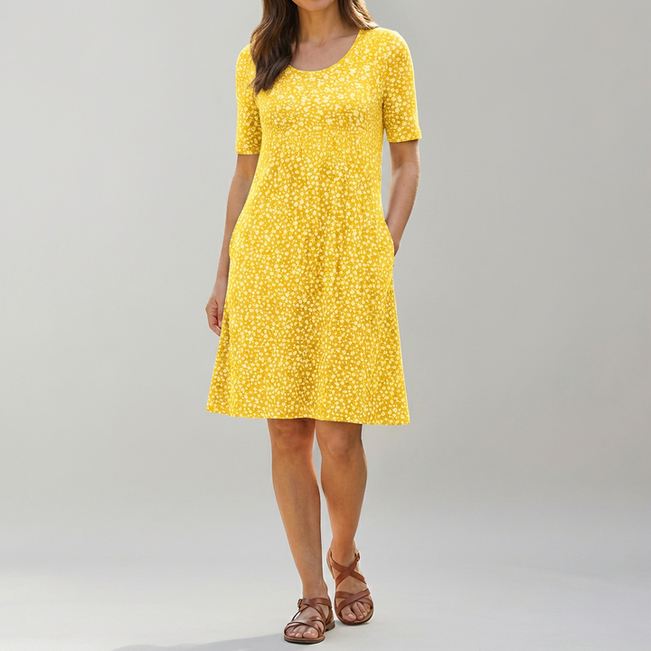 Vestido Midi Floral de Cintura Alta con Bolsillos