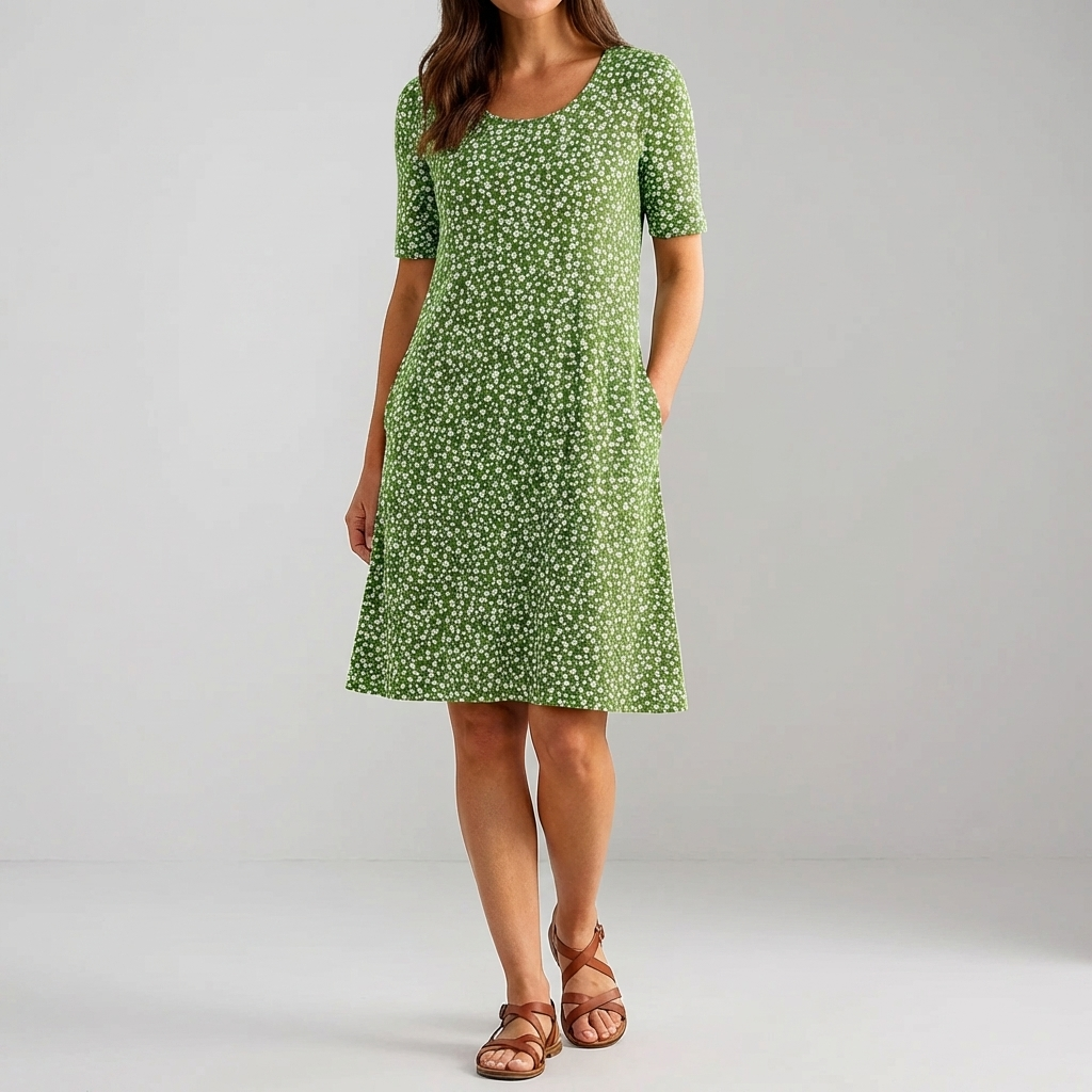 Vestido Midi Floral de Cintura Alta con Bolsillos