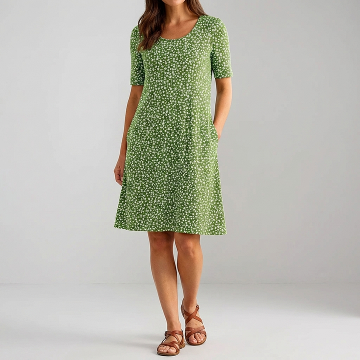 Vestido Midi Floral de Cintura Alta con Bolsillos