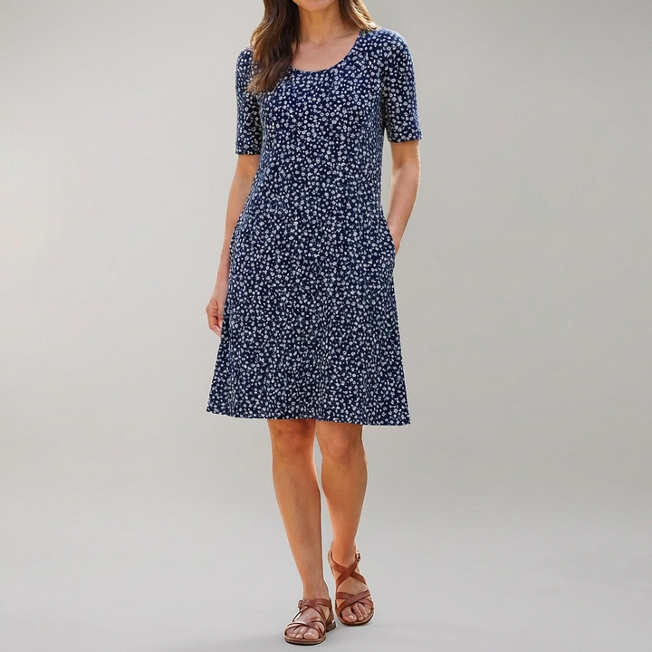 Vestido Midi Floral de Cintura Alta con Bolsillos
