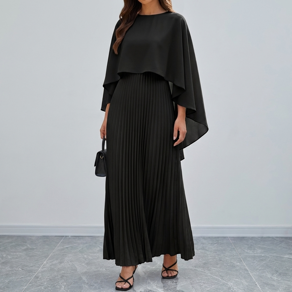 Vestido Maxi de Manga Batwing Plisado Fluido