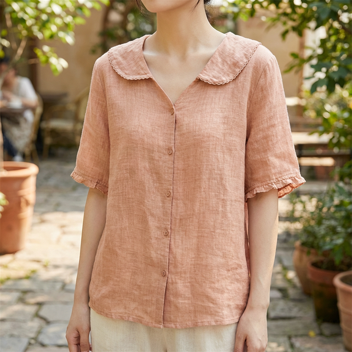 Camisa Retro de Algodón y Lino para Mujeres con Cuello de Muñeca