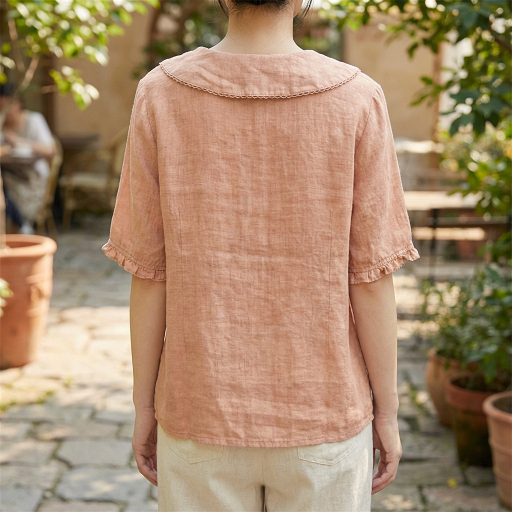 Camisa Retro de Algodón y Lino para Mujeres con Cuello de Muñeca