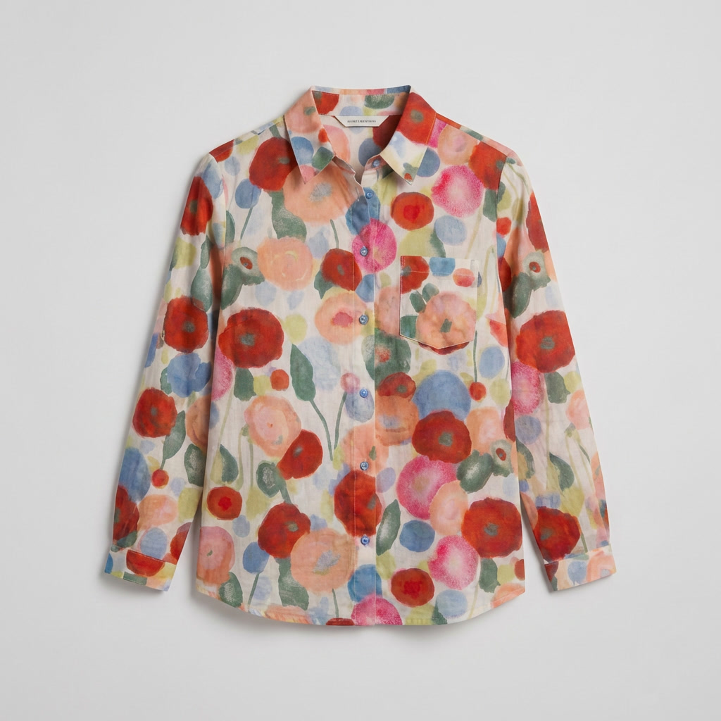 Camisa Botonada Estampado Cartoon Floral para Mujeres