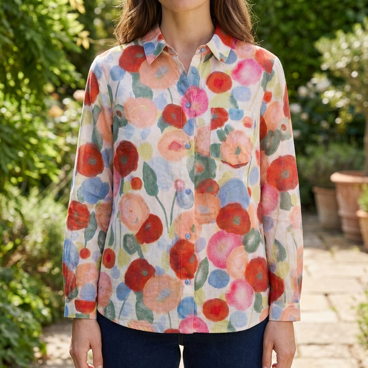 Camisa Botonada Estampado Cartoon Floral para Mujeres