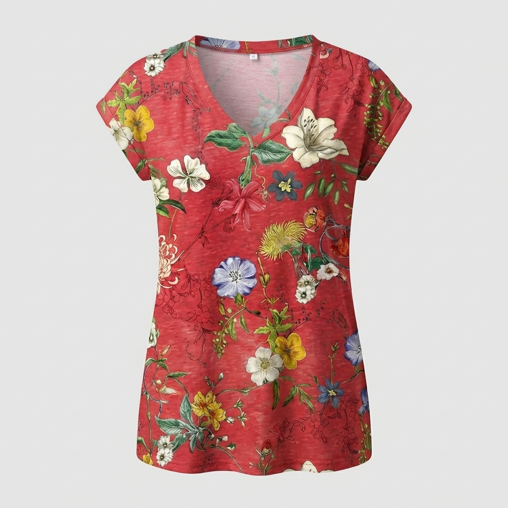 Camiseta de manga corta con cuello en V y estampado floral para mujer, imagen 2