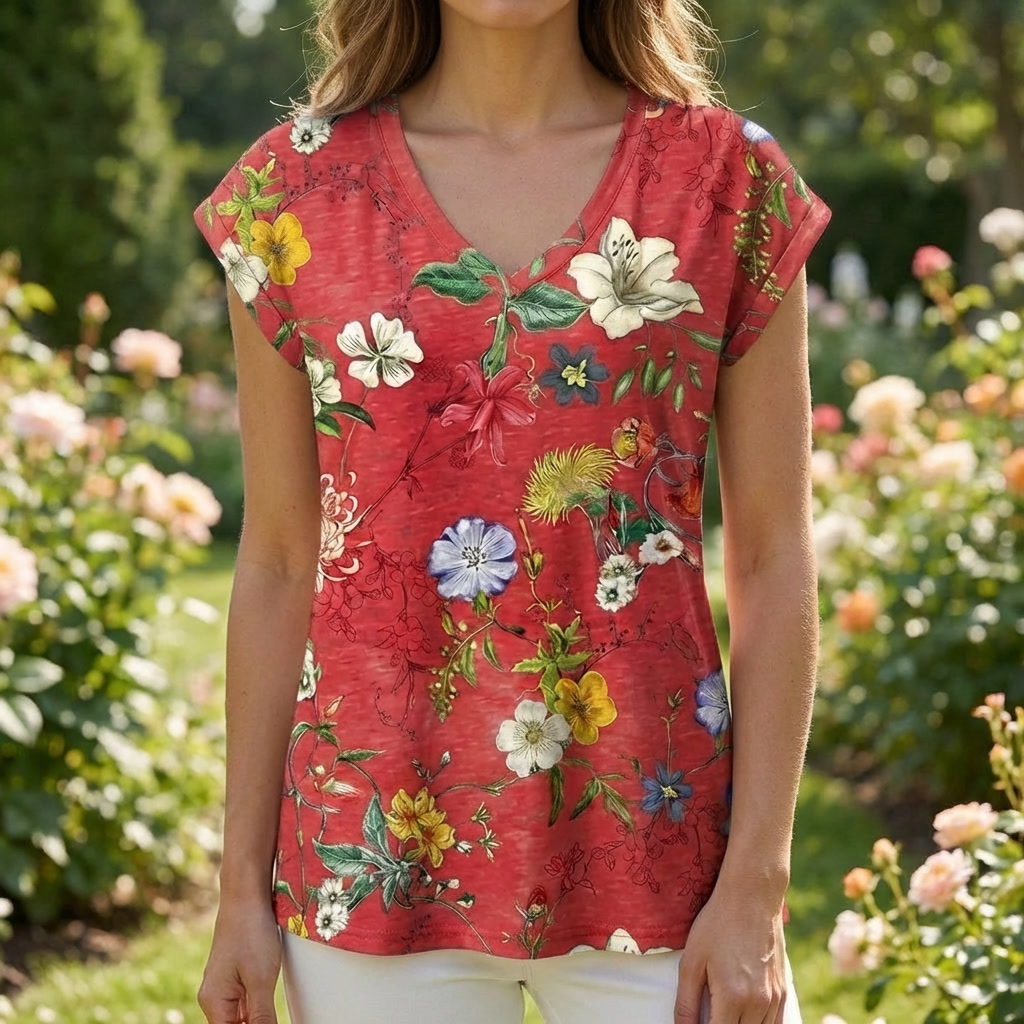 Camiseta de manga corta con cuello en V y estampado floral para mujer