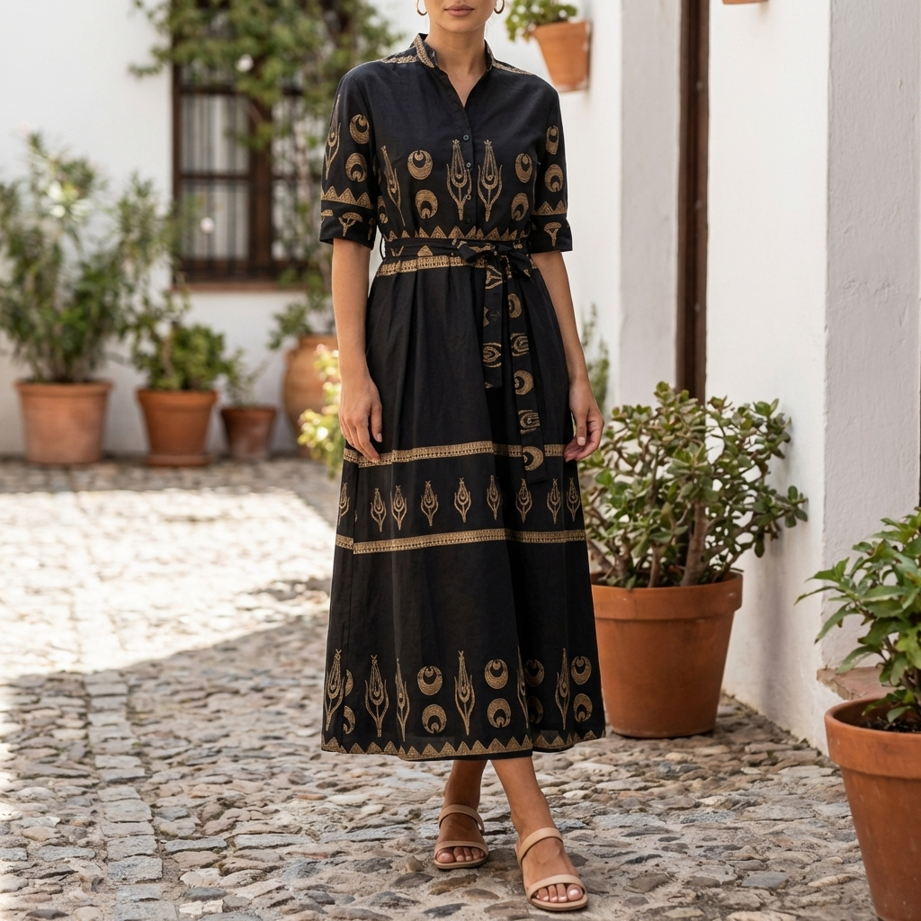 Vestido de Algodón de Mujer con Mangas Cortas
