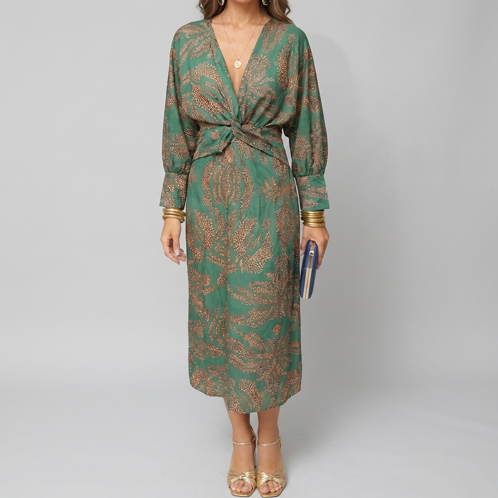 Vestido Midi Impreso con Nudo Frontal para Mujeres